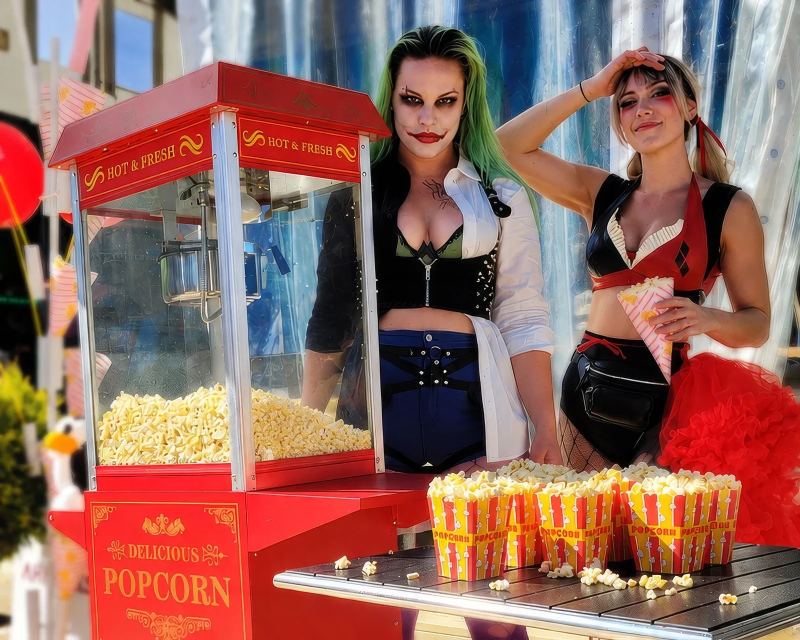 Två värdar i festliga kostymer serverar popcorn på ett event